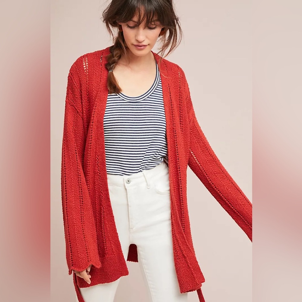Anthro Meadow Rue Priscilla Pointelle Knit Cardigan Wrap Sweater w/ Tie Belt XS